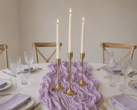 Gold Candle sticks/lilac table runners